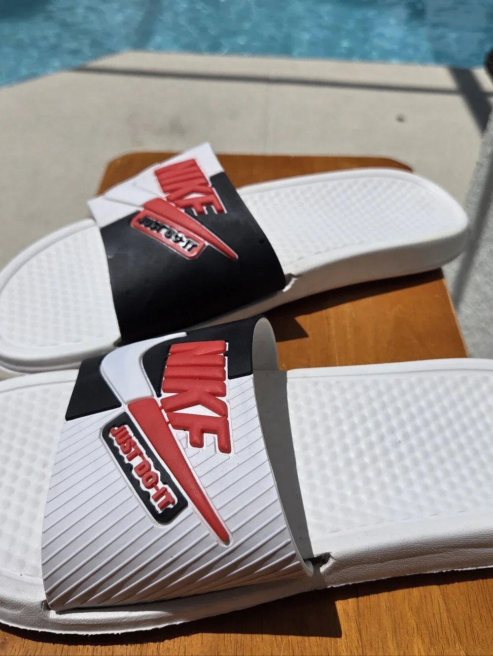 Nike Benassi JDI White and Black Slides with Red Logo Accent